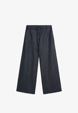 Weite, dunkelblaue Jeanshose mit Gürtelschlaufen und seitlichen Taschen, die eine lockere Passform und einen Bindegürtel in der Taille bietet.