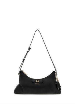 Schwarze Leder-Schultertasche mit verstellbarem Riemen, goldenem "G" Logo und GUESS-Branding sowie einem dekorativen Quasten-Schlüsselanhänger an der Seite.
