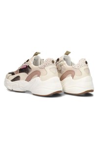 Chunky sneakers in beige and brown leather with textured accents, featuring a white rubber sole and a purple logo detail on the side.
