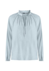 Blusa a maniche lunghe azzurro chiaro in tessuto morbido con colletto alto arricciato, chiusura a fiocco e polsini elasticizzati. Texture liscia, vestibilità comoda.