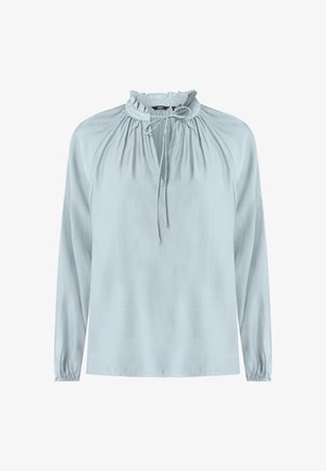 Helle blaue Bluse mit langen Ärmeln aus einem weichen Stoff, mit einem gerafften hohen Kragen, Bindebandverschluss und elastischen Manschetten. Glatte Textur, lässige Passform.
