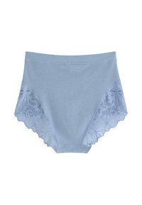 Lysblå bomuldsbikini med blomsterlacemotiver på siderne, der har en scallopkant og en glat talje.