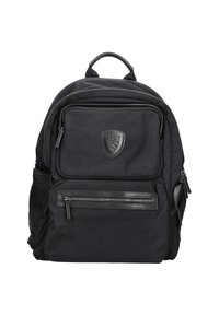 Zaino nero realizzato in tessuto resistente, dotato di molteplici scomparti con cerniere, una toppa con logo sul davanti e una maniglia superiore per un facile trasporto.