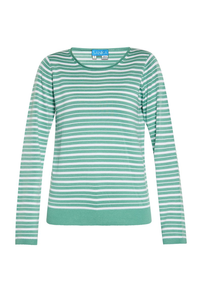 Hellgrüner Pullover mit langen Ärmeln, der horizontale weiße Streifen, einen runden Halsausschnitt sowie einen leicht gerippten Saum und Bündchen aufweist.