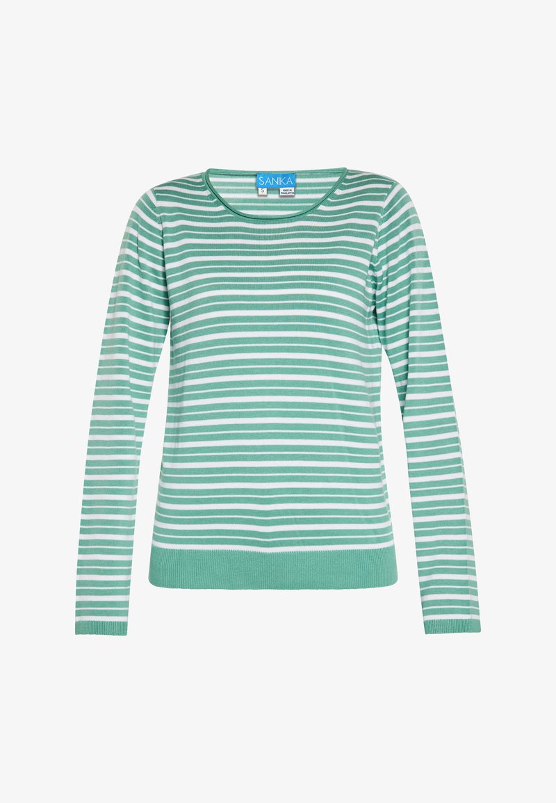 Hellgrüner Pullover mit langen Ärmeln, der horizontale weiße Streifen, einen runden Halsausschnitt sowie einen leicht gerippten Saum und Bündchen aufweist.