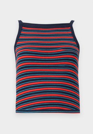 Striped tank top featuring red, blue, and navy horizontal lines, with a ribbed texture and sleeveless design.