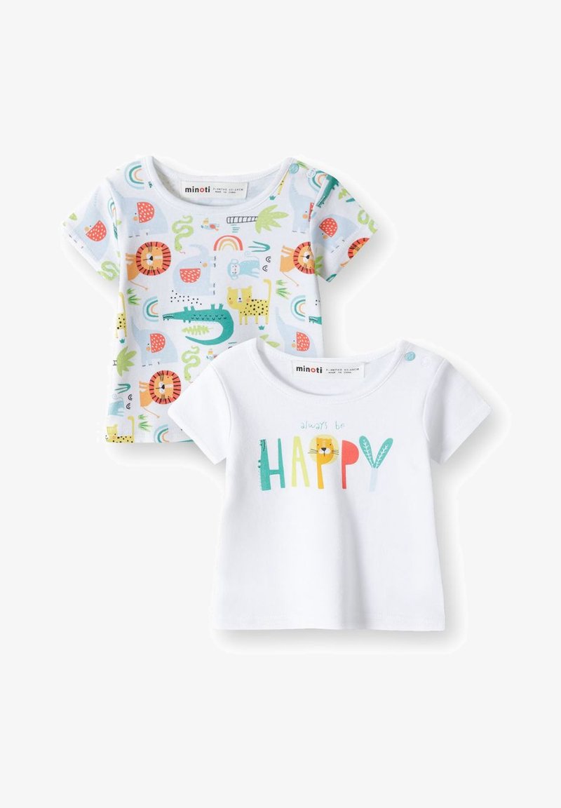 Dve kratkotrajni majici. Ena ima pisano vzorec živali in sadja na svetlo modrem ozadju; druga je bela z napisom "always be HAPPY" v več barvah.