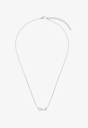 Collier chaîne en argent avec un pendentif en forme de symbole infini. Présente une finition lisse et polie, ainsi qu'un fermoir avec une chaîne à longueur ajustable.