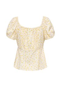 Blouse crème à manches bouffantes avec imprimé floral jaune, dotée d'un col carré froncé et d'une taille cintrée.