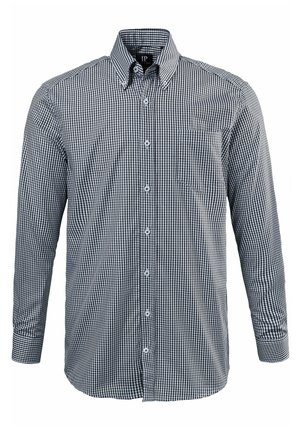 Camisa de cuadros en blanco y negro de manga larga con cuello abotonado, bolsillo en el pecho izquierdo y botones de plástico. Tela de algodón con textura suave.