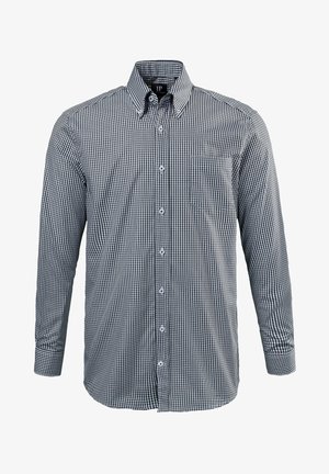 Camicia a maniche lunghe a scacchi bianco e nero con colletto a punta, taschino sul lato sinistro del petto e bottoni in plastica. Tessuto in cotone con una consistenza liscia.