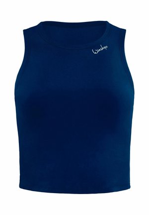 Granatowa, bezrękawnikowa koszulka z elastycznego materiału, z okrągłym dekoltem i wyszywanym logo "Winshape" na lewym ramieniu.