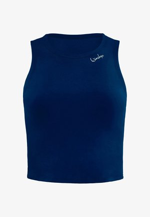 Granatowa, bezrękawnikowa koszulka z elastycznego materiału, z okrągłym dekoltem i wyszywanym logo "Winshape" na lewym ramieniu.