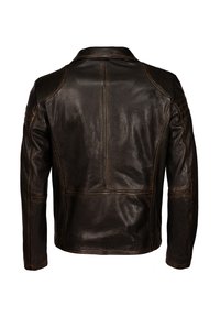 Donkerbruine leren jas met geribbelde schouderpanelen, zichtbare stiksels en een klassieke kraag, van achteren getoond op een witte achtergrond.