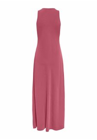 Robe rose uni sans manches, longue jusqu’au sol, avec un col montant et une jupe fluide, présentée sur fond blanc.