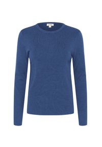 Blauer langärmliger Rundhalsausschnitt-Pullover aus weichem Strickstoff. Mit lockerer Passform und geripptem Muster am Kragen und an den Bündchen.