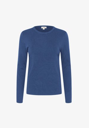 Sinine pika varrukaga ümar kaelusega sviiter, mis on valmistatud pehmest kudumiskangast. Omab mugavat lõiget koos soonikkoega krae ja varrukaotstel.