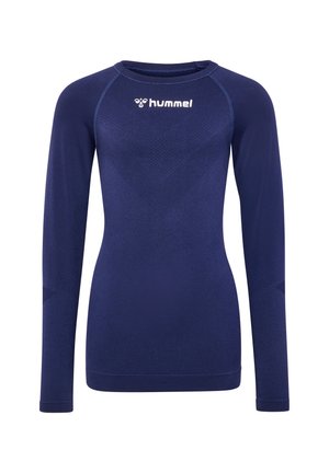 Navyblaues langärmeliges Sporthemd aus strukturiertem Stoff, mit Rundhalsausschnitt und Raglanärmeln. Features ein weißes Logo auf der Brust.