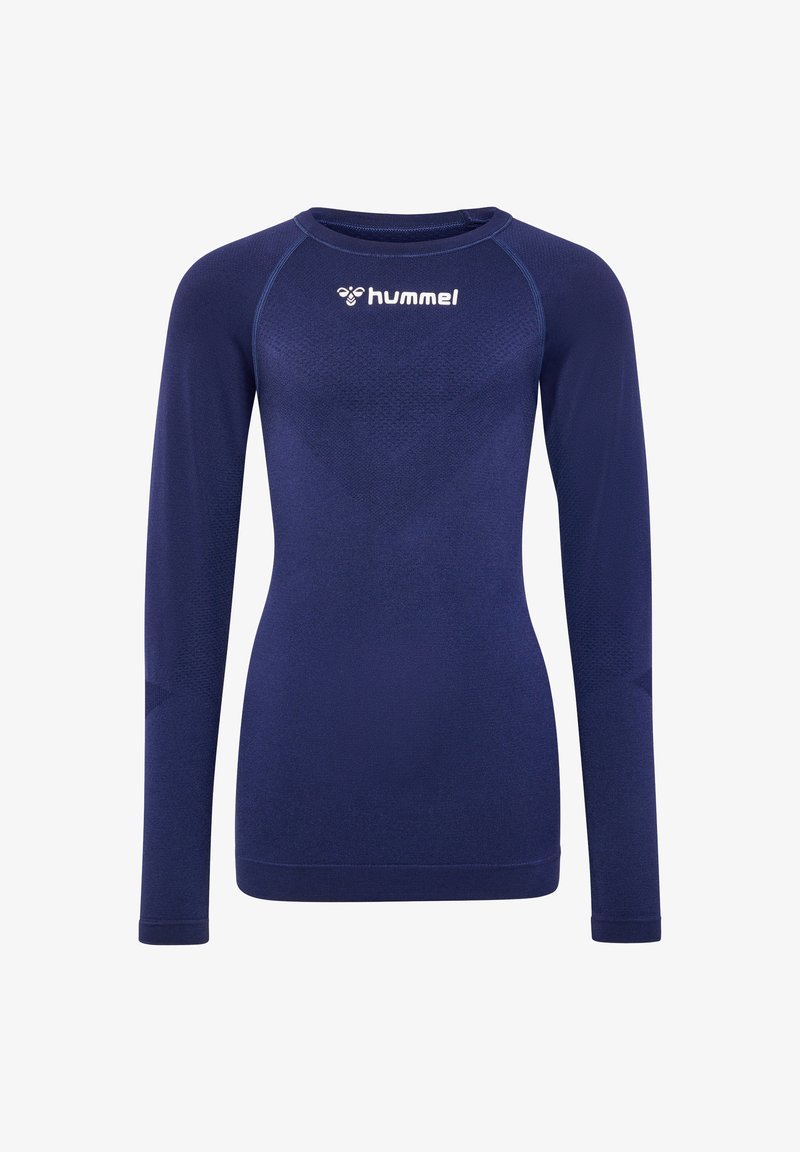 Navyblaues langärmeliges Sporthemd aus strukturiertem Stoff, mit Rundhalsausschnitt und Raglanärmeln. Features ein weißes Logo auf der Brust.