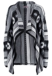 Cárdigan de punto abierto con estampado en negro, blanco y gris, con mangas largas y cuello caído.