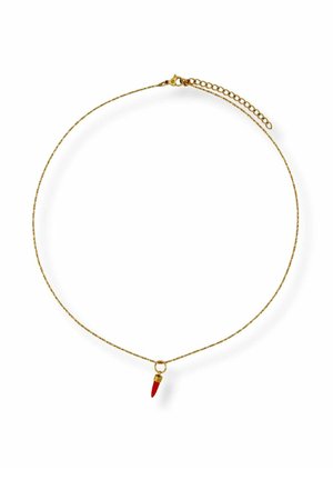 Feine goldene Halskette mit kleinem Anhänger in Form einer roten Chili und verstellbarem Verschluss.