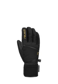 Guante de invierno negro con aislamiento acolchado, acentos de cuero y puño con velcro. Presenta un logo en dorado y palma texturizada para un mejor agarre.