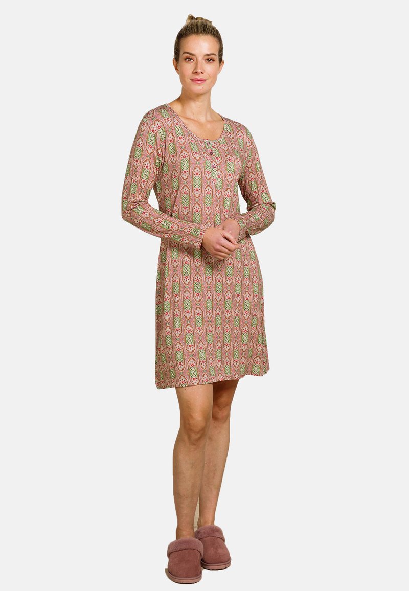 Langdurige jurk met een bloemenpatroon in roze, groen en crème kleuren. Zachte stof met een ronde hals en een losse pasvorm.