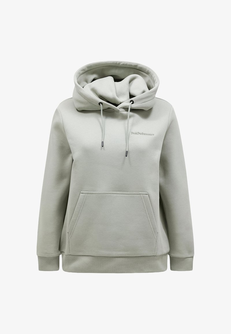 Šviesiai žalias megztinis, pagamintas iš minkštos medžiagos, su dideliu gaubtu, reguliuojamomis raištelėmis, priekinėmis kišenėmis ir įleistais rankogaliais bei apačia.