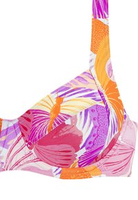 Spalvingas bikini viršus su gėlių ir drugelių raštais rožinės, violetinės ir oranžinės spalvų tonais. Medžiaga yra minkšta, su reguliuojamomis petnešėlėmis ir be siūlių puodeliais.