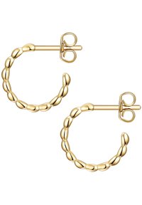 Zelta riņķveida auskari ar pērlītēm un spīdīgu apdari. Auskariem ir droša kājiņa un aizmugures aizdarei.