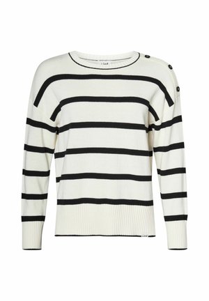 Kreminė megztinė su juodomis horizontaliomis juostelėmis, apvaliu iškirpimu, raukšlėmis rankogaliuose ir apačioje bei sagomis vienoje peties pusėje. Minkšta megzto audinio tekstūra.