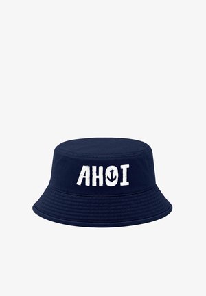 Navy blue bucket hat with white text "AHOI" and an anchor symbol inside the letter O on the front.