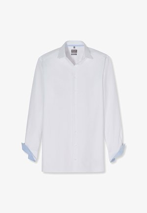 Langärmliges Hemd für Herren in Weiß mit hellblauen inneren Manschetten und klassischem Kragen, vorne mit Knöpfen versehen.