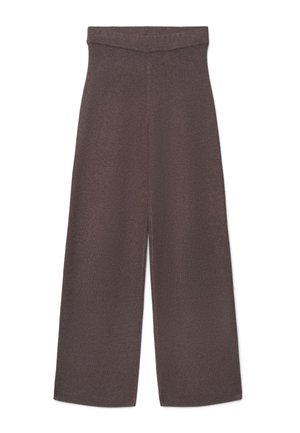 Hoch taillierte, weit geschnittene Hose aus dunkelbraunem Strickstoff mit weicher, glatter Textur und gefaltetem Bund.