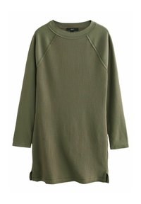 Robe vert olive côtelée à manches longues avec un col rond, des fentes latérales et des manches raglan, présentant une finition de tissu texturé.