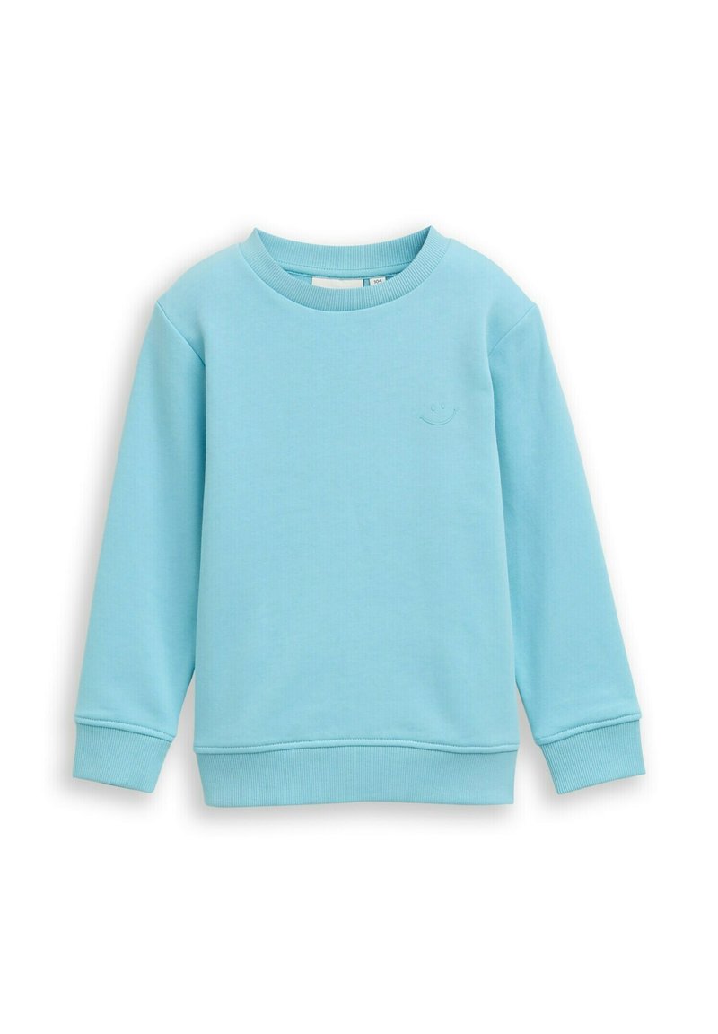 Light blue sweatshirt made of soft fabric, featuring a round neckline, long sleeves, and a small embroidered smiley face detail on the chest.