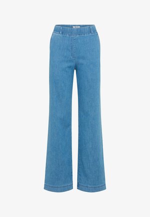 Lichtblauwe wijde denim jeans met elastische tailleband zonder zichtbare zakken of sluitingen, weergegeven op een witte achtergrond.