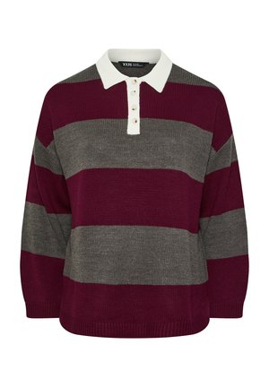 Bordeaux- og gråstribet sweater med hvid krave og tre-knaps lukning. Fremstillet af tekstureret strikmateriale, med en løs pasform.