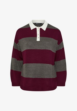Maroon and gray striped sweater with a white collared neck and three-button placket. Made of textured knit material, featuring a loose fit.