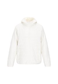 Witte pufferjack met een capuchon, ritssluiting aan de voorkant, zijzakken en een gestikt patroon. Glad materiaal met een lichte, luchtige uitstraling.