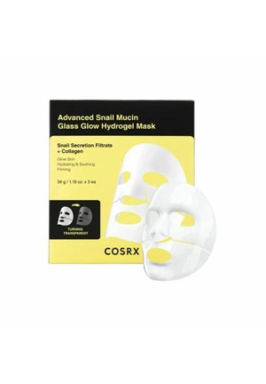 Verpackung der Advanced Snail Mucin Glass Glow Hydrogel-Maske mit zwei durchscheinend weißen Gesichtshydrogelmasken vorne dargestellt.