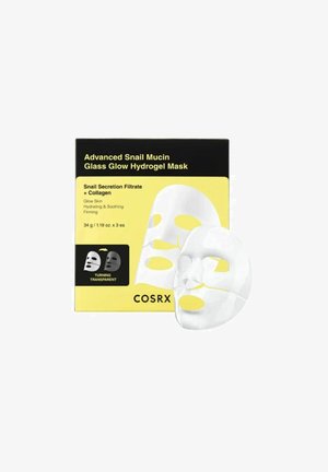 Emballage du masque hydrogel Advanced Snail Mucin Glass Glow avec deux masques hydrogel translucides blancs pour le visage présentés à l’avant.