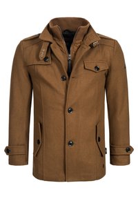 Bruine jas van wolmix met ritssluiting en knoopsluiting, twee voorzakken, schouderepauletten en zwarte knoopaccenten.