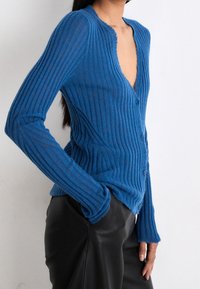 Kvinna med långt mörkt hår som bär en blå ribbad knappad cardigan och svarta läderbyxor, stående mot en enkel ljus bakgrund.