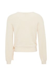 Cremfarbener, kurz geschnittener Pullover aus strukturiertem Stoff, mit langen Ärmeln und einem seitlichen Bindedetail an der Taille.