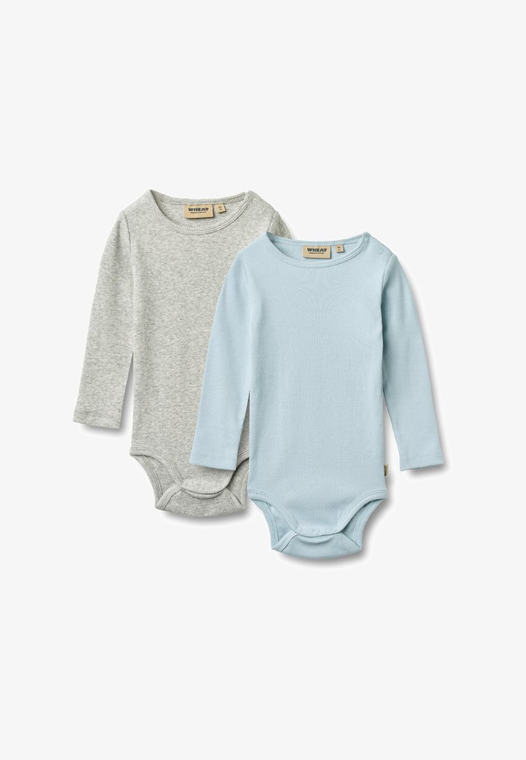 Deux bodies bébé à manches longues, l'un gris clair et l'autre bleu clair, tous deux avec des encolures rondes et des fermetures à boutons-pression en bas.