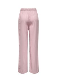 Pantalon rose clair à jambes larges avec taille élastique, vu de dos, présenté sur fond blanc.