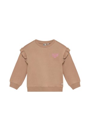 Lysebrun børne sweatshirt med lange ærmer, flæsedetaljer på skulderne og lyserød tekst "NOT YOUR AVERAGE GIRL" på brystet.