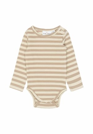Body a maniche lunghe beige con righe orizzontali crema. Presenta una scollatura rotonda e chiusure a scatto sul fondo per una facile vestizione.