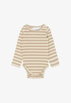 Body a maniche lunghe beige con righe orizzontali crema. Presenta una scollatura rotonda e chiusure a scatto sul fondo per una facile vestizione.